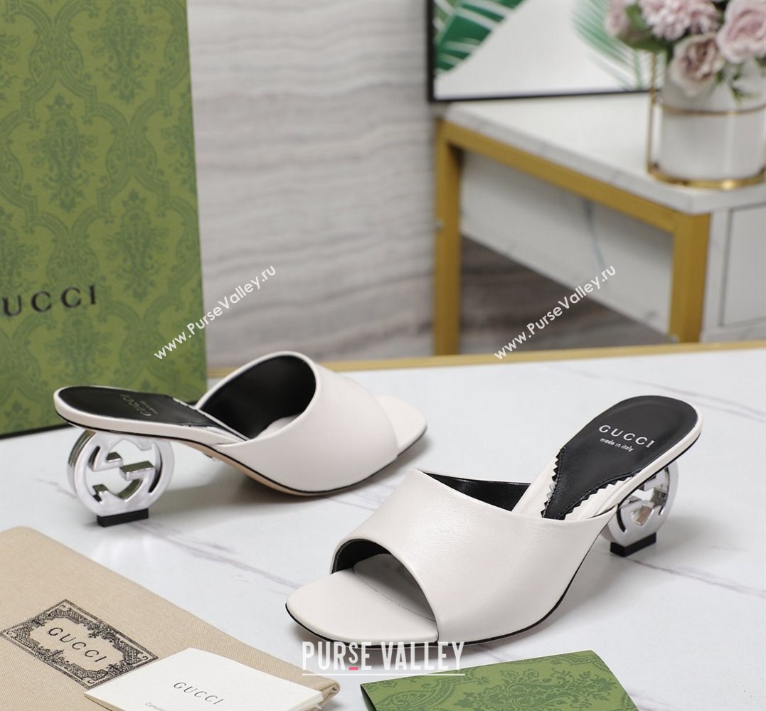 Gucci Heel 6cm Interlocking G heel Slide sandals 772569 Leather White 2024 (hongyang-24011602)