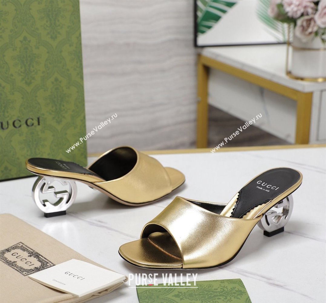 Gucci Heel 6cm Interlocking G heel Slide sandals 772569 Leather Gold 2024 (hongyang-24011608)