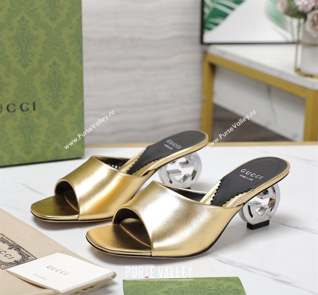 Gucci Heel 6cm Interlocking G heel Slide sandals 772569 Leather Gold 2024 (hongyang-24011608)