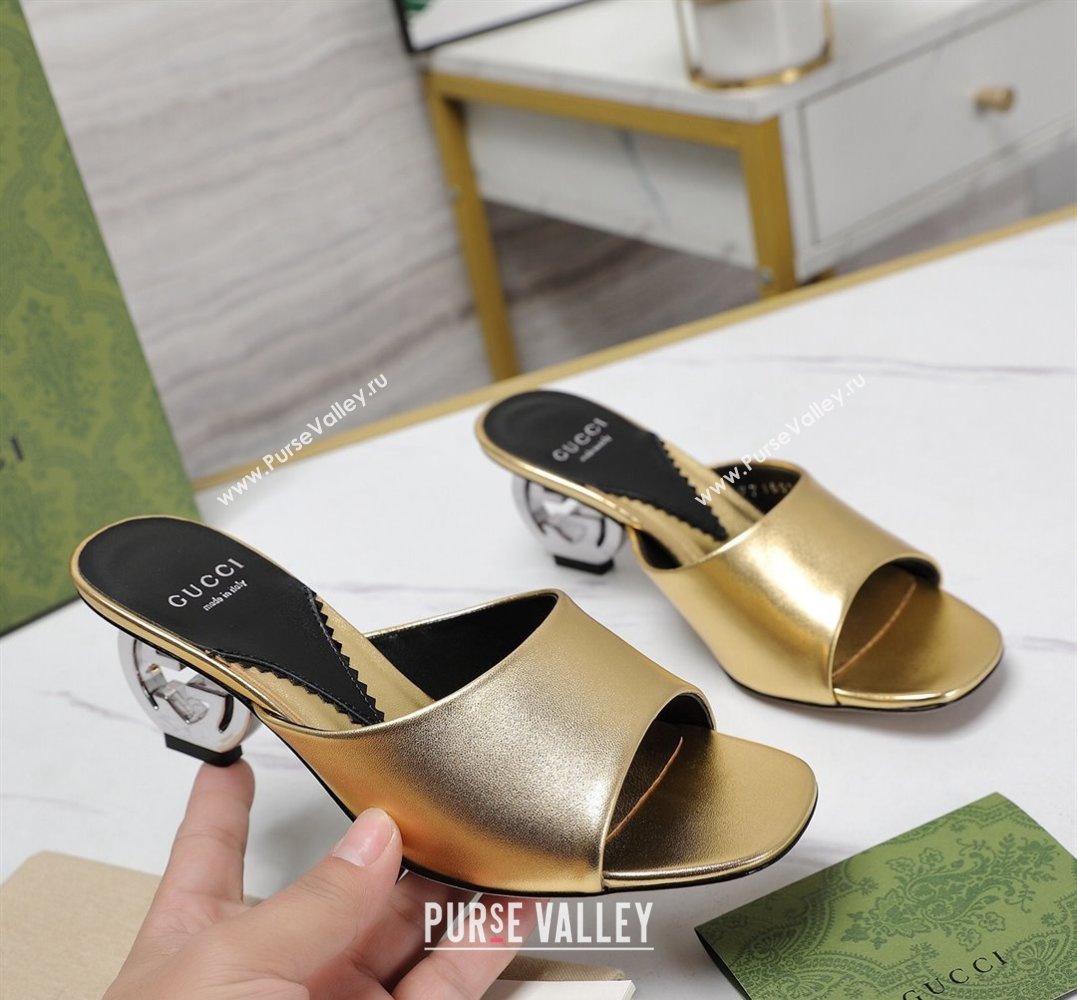 Gucci Heel 6cm Interlocking G heel Slide sandals 772569 Leather Gold 2024 (hongyang-24011608)