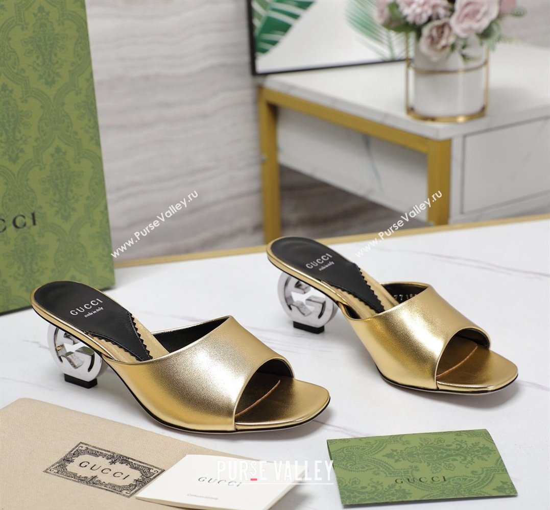 Gucci Heel 6cm Interlocking G heel Slide sandals 772569 Leather Gold 2024 (hongyang-24011608)