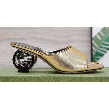 Gucci Heel 6cm Interlocking G heel Slide sandals 772569 Leather Gold 2024 (hongyang-24011608)