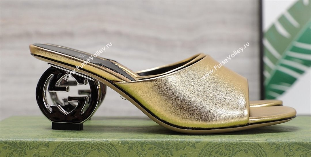 Gucci Heel 6cm Interlocking G heel Slide sandals 772569 Leather Gold 2024 (hongyang-24011608)