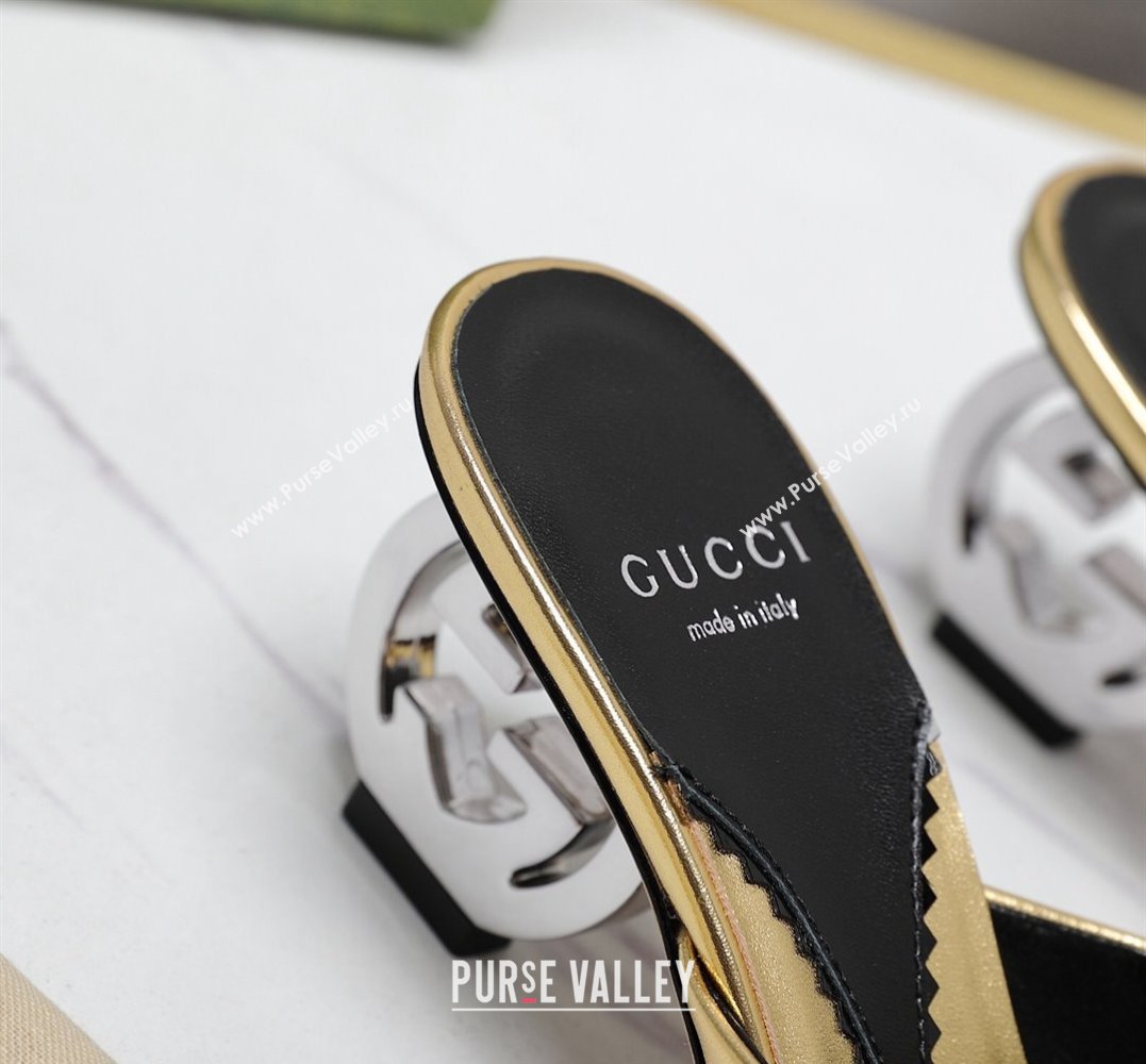 Gucci Heel 6cm Interlocking G heel Slide sandals 772569 Leather Gold 2024 (hongyang-24011608)