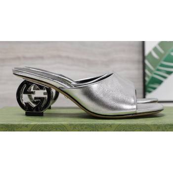 Gucci Heel 6cm Interlocking G heel Slide sandals 772569 Leather Silver 2024 (hongyang-24011609)