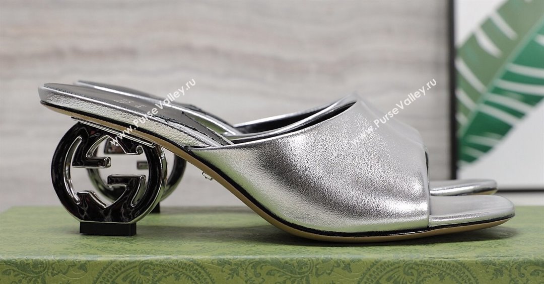 Gucci Heel 6cm Interlocking G heel Slide sandals 772569 Leather Silver 2024 (hongyang-24011609)