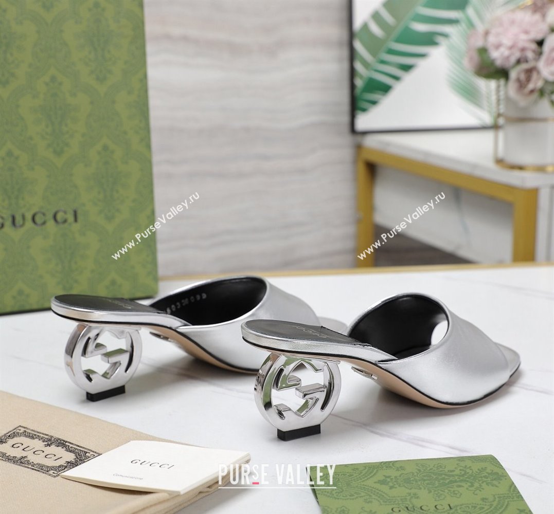 Gucci Heel 6cm Interlocking G heel Slide sandals 772569 Leather Silver 2024 (hongyang-24011609)