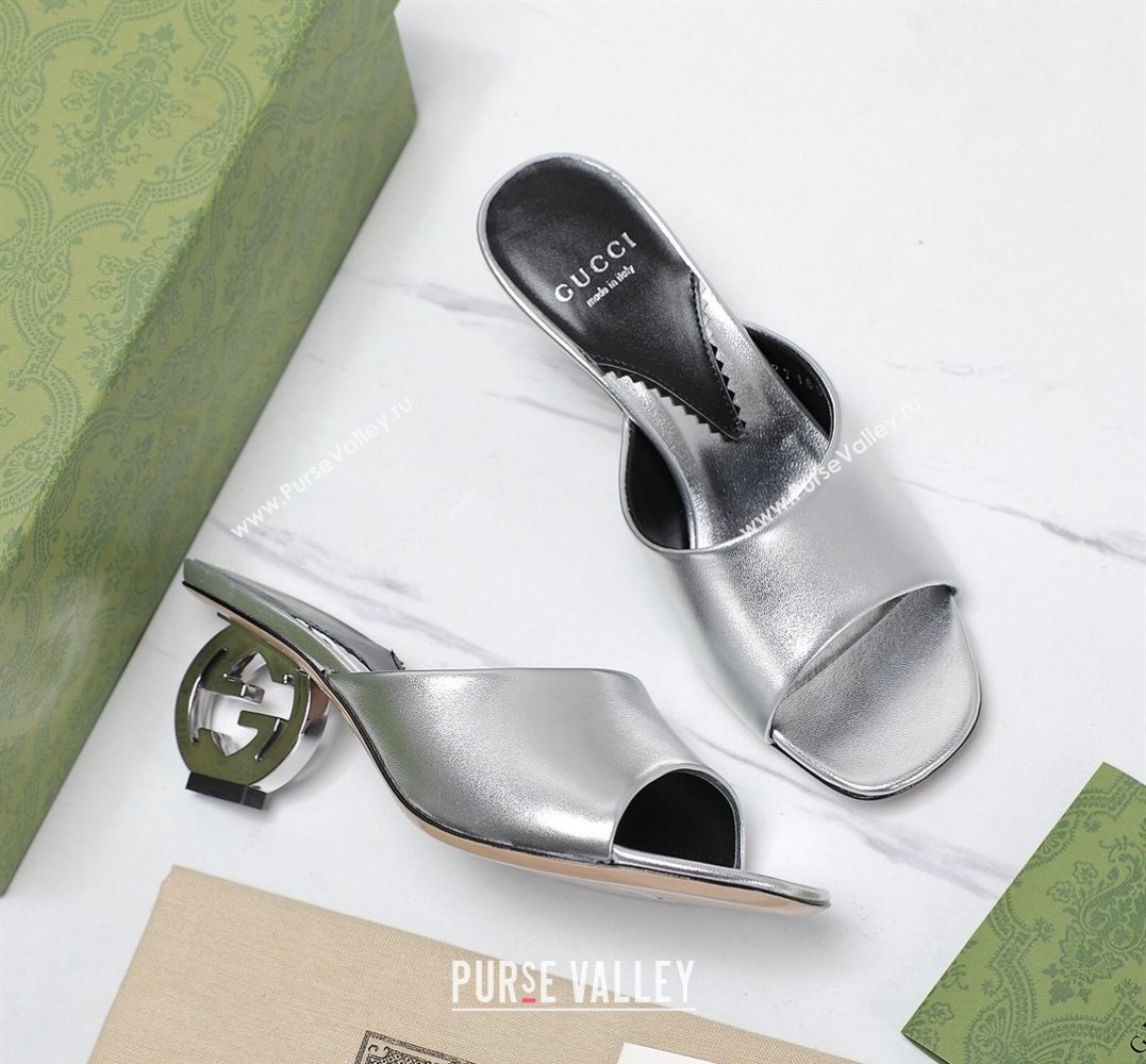 Gucci Heel 6cm Interlocking G heel Slide sandals 772569 Leather Silver 2024 (hongyang-24011609)