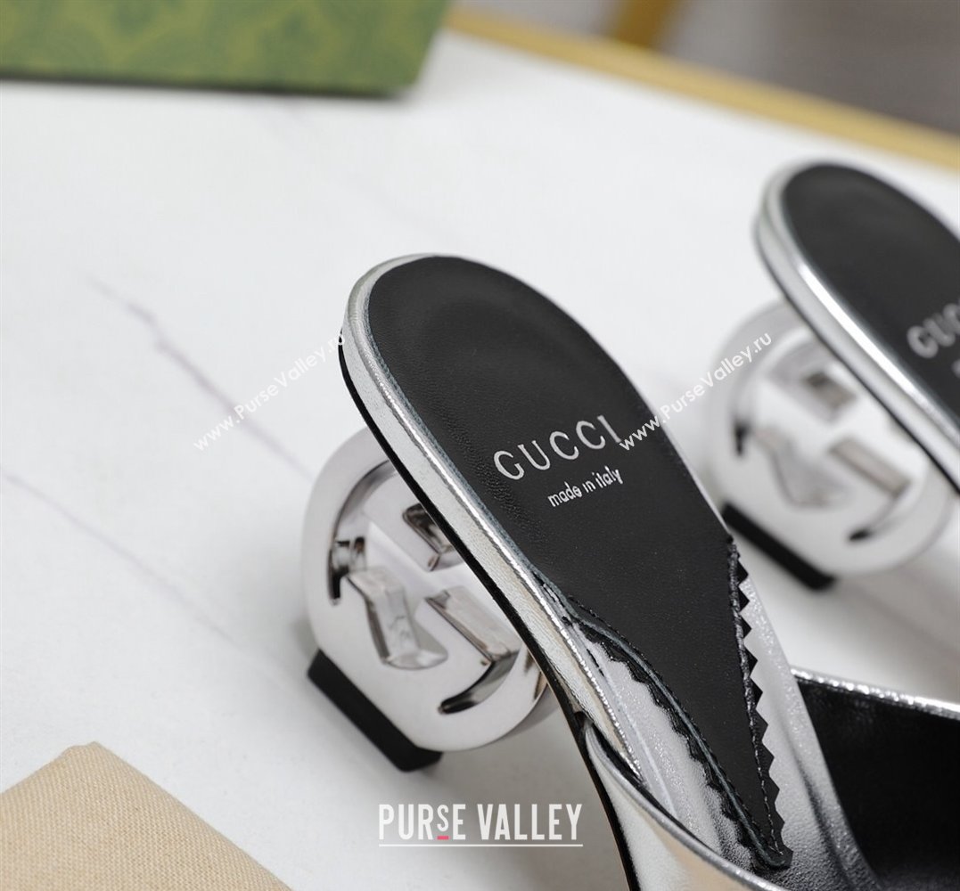 Gucci Heel 6cm Interlocking G heel Slide sandals 772569 Leather Silver 2024 (hongyang-24011609)