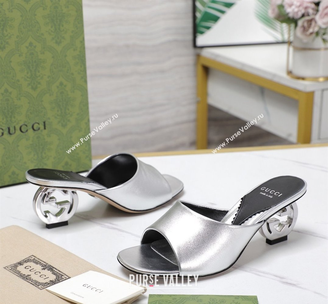 Gucci Heel 6cm Interlocking G heel Slide sandals 772569 Leather Silver 2024 (hongyang-24011609)