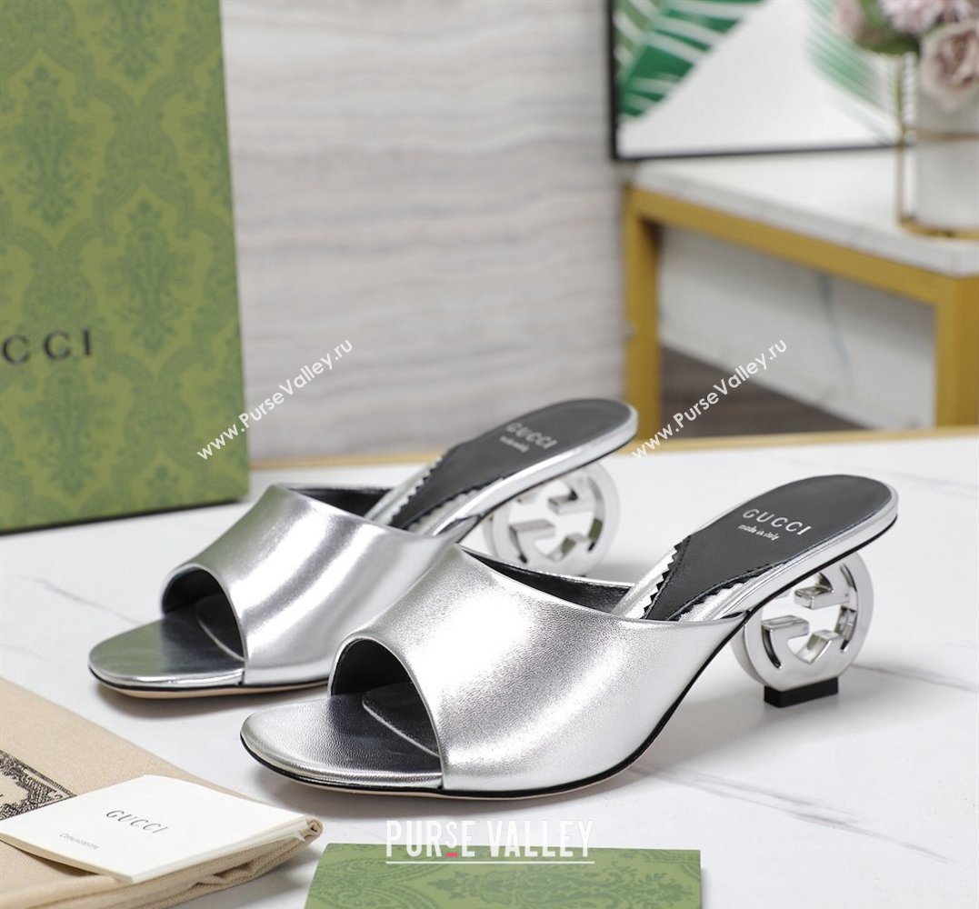 Gucci Heel 6cm Interlocking G heel Slide sandals 772569 Leather Silver 2024 (hongyang-24011609)