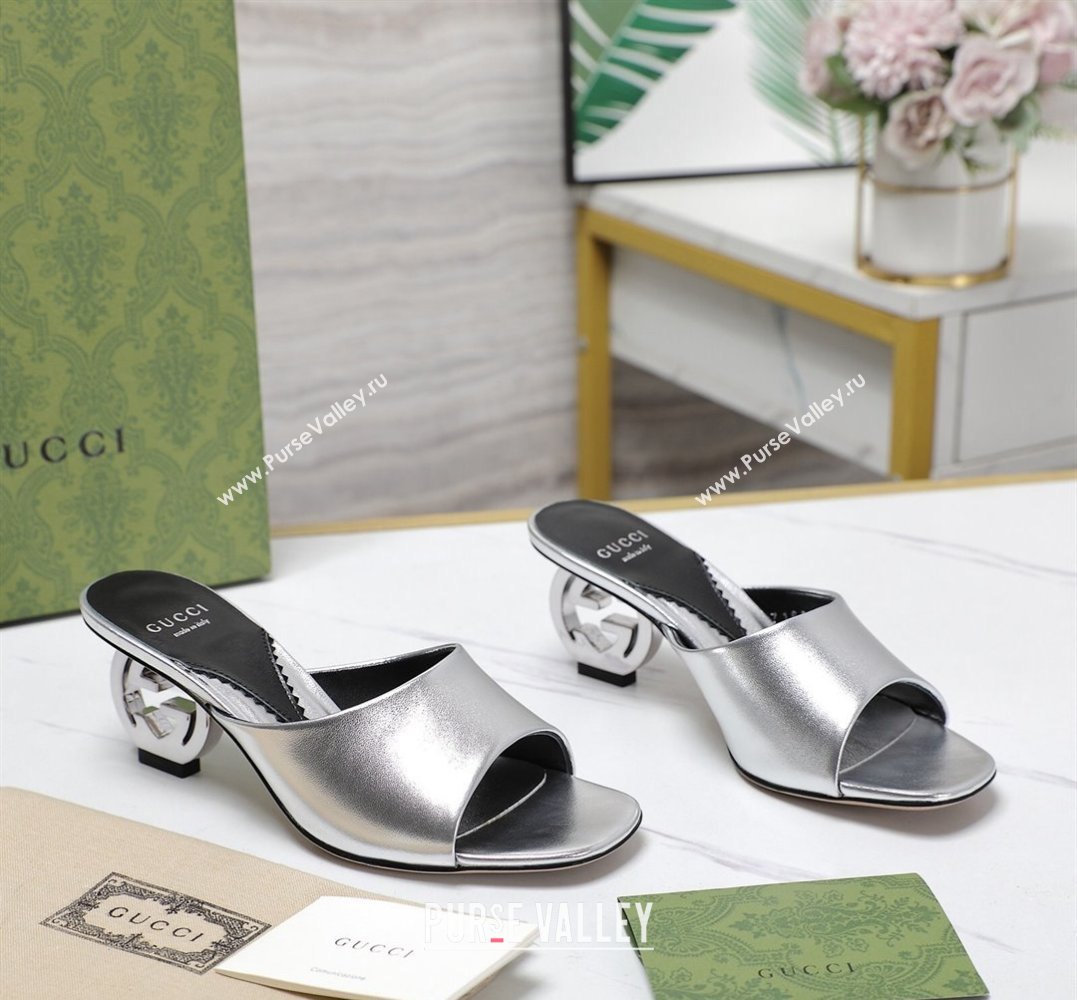 Gucci Heel 6cm Interlocking G heel Slide sandals 772569 Leather Silver 2024 (hongyang-24011609)