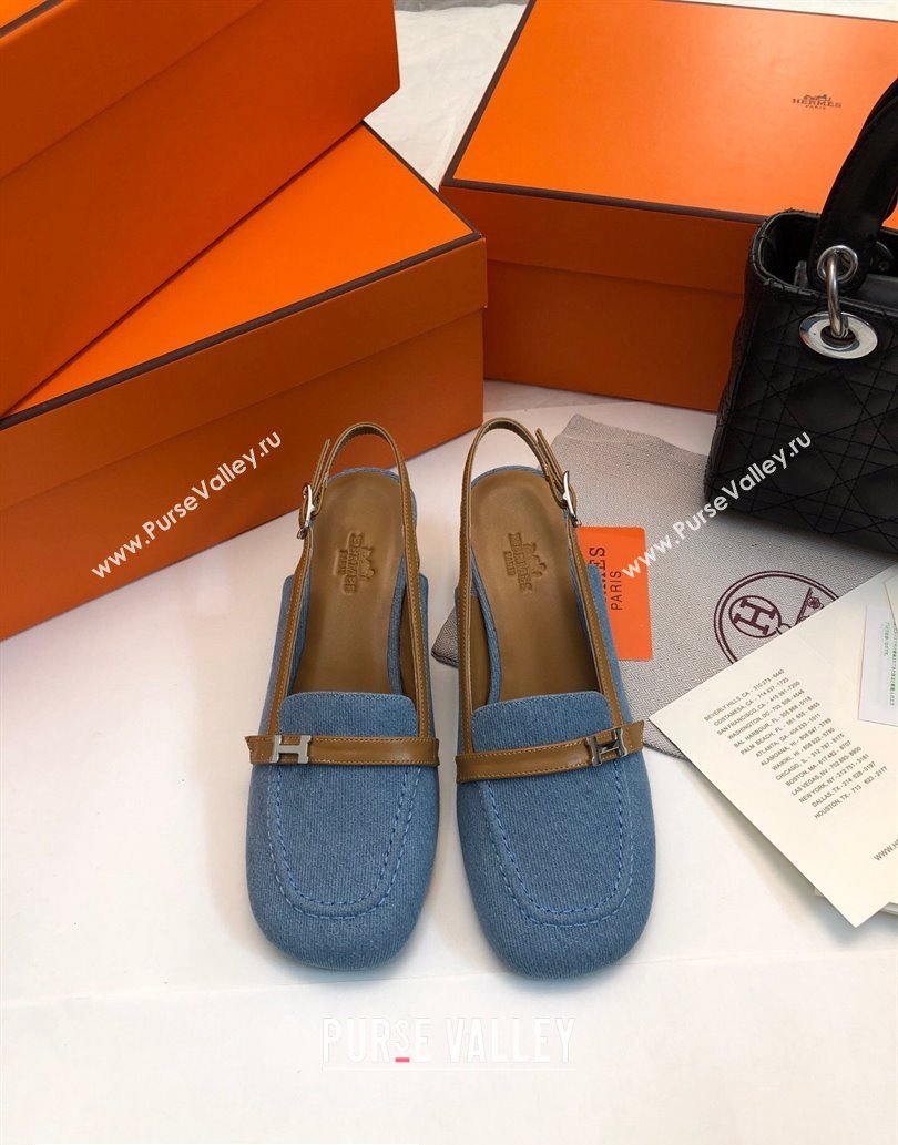 Hermes Infinie 50 pumps in denim Blue and calfskin with strap and miniature palladium-plated Paris buckle (modeng-24011608)