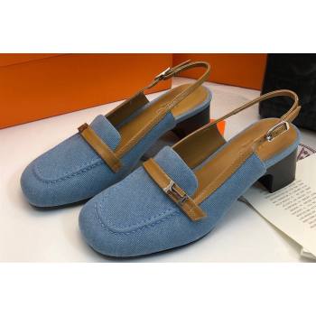 Hermes Infinie 50 pumps in denim Blue and calfskin with strap and miniature palladium-plated Paris buckle (modeng-24011608)