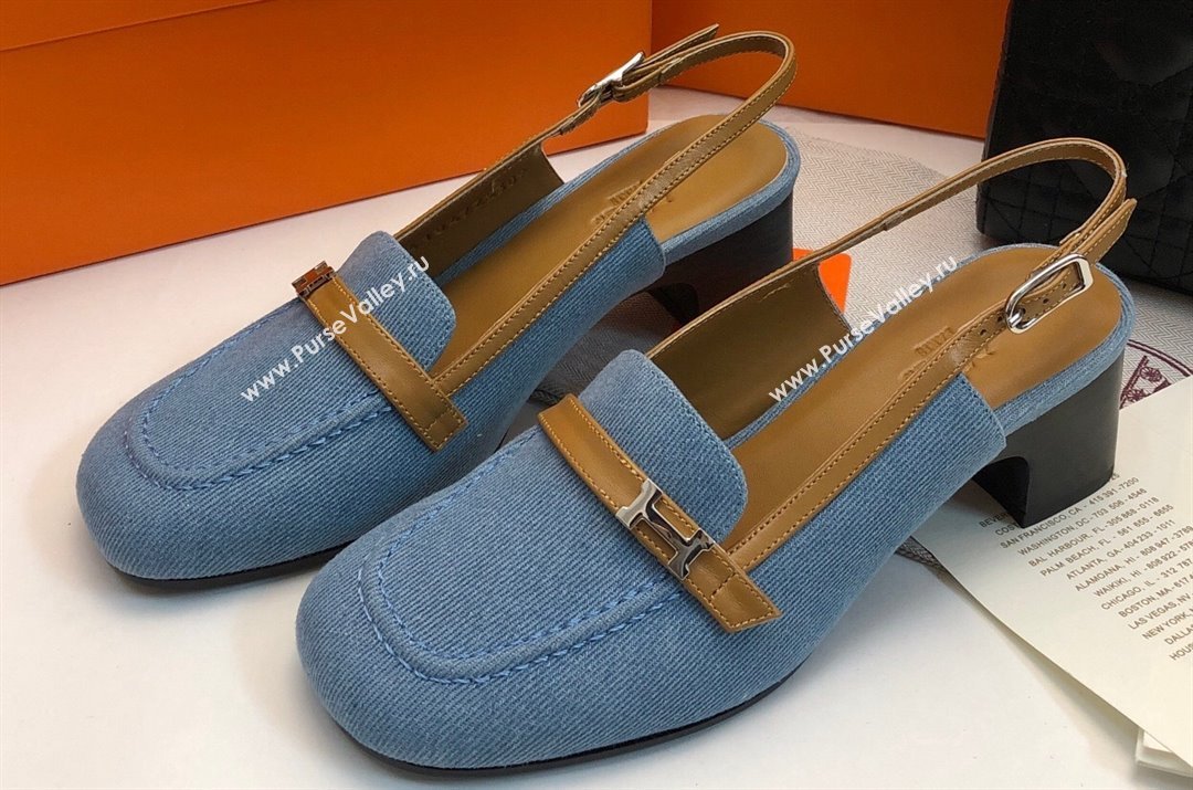 Hermes Infinie 50 pumps in denim Blue and calfskin with strap and miniature palladium-plated Paris buckle (modeng-24011608)