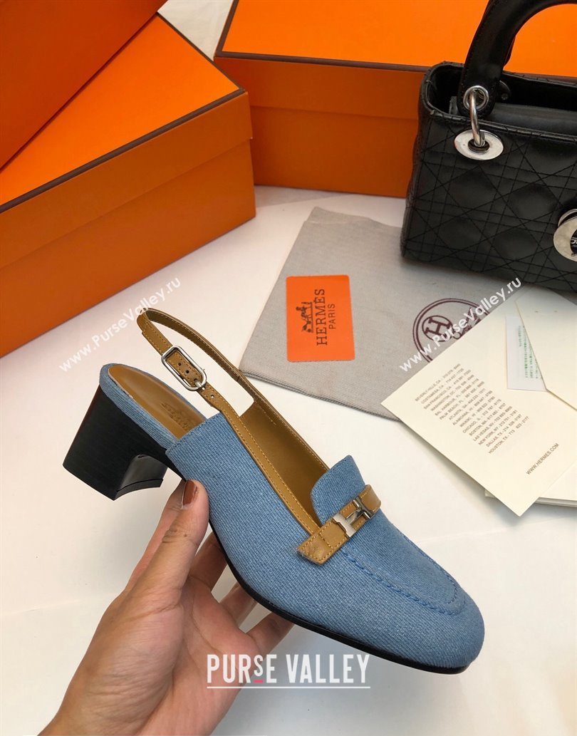 Hermes Infinie 50 pumps in denim Blue and calfskin with strap and miniature palladium-plated Paris buckle (modeng-24011608)