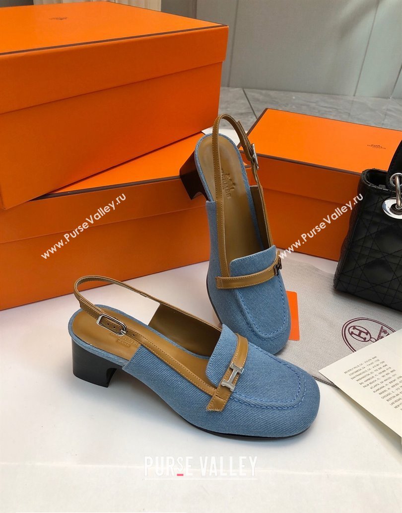 Hermes Infinie 50 pumps in denim Blue and calfskin with strap and miniature palladium-plated Paris buckle (modeng-24011608)