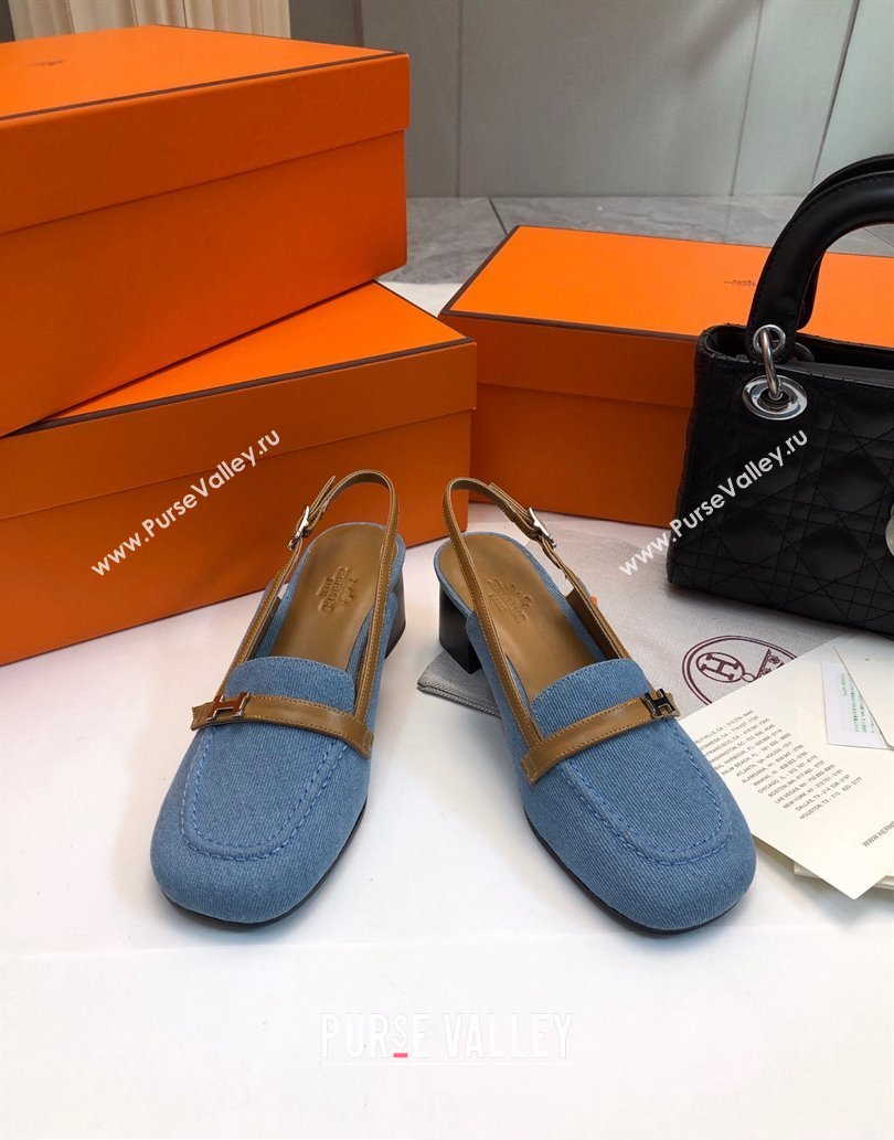 Hermes Infinie 50 pumps in denim Blue and calfskin with strap and miniature palladium-plated Paris buckle (modeng-24011608)