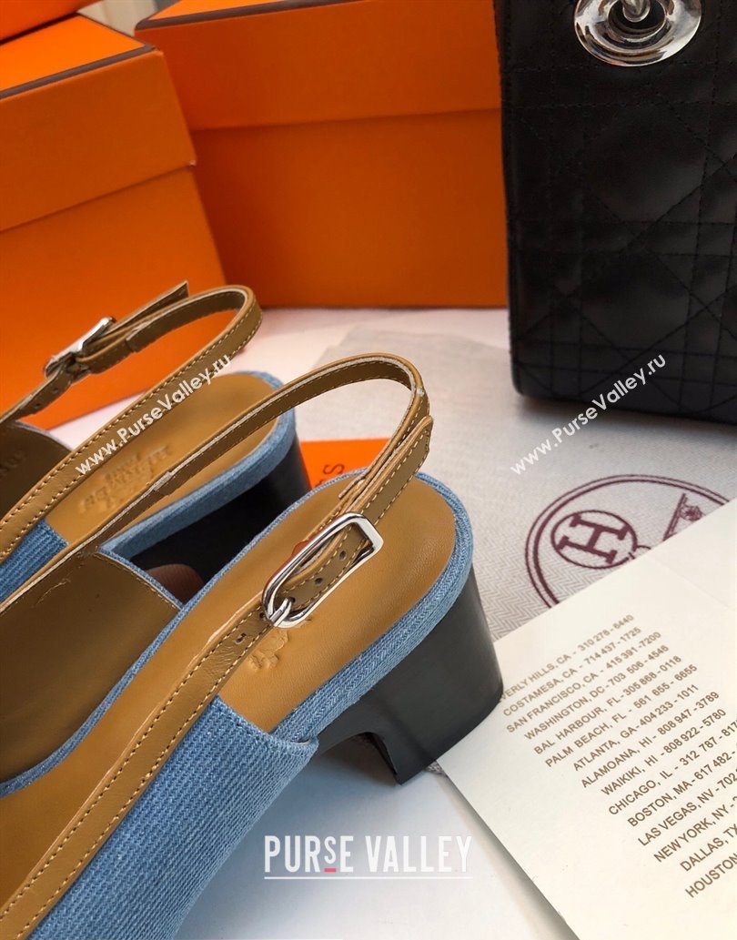 Hermes Infinie 50 pumps in denim Blue and calfskin with strap and miniature palladium-plated Paris buckle (modeng-24011608)