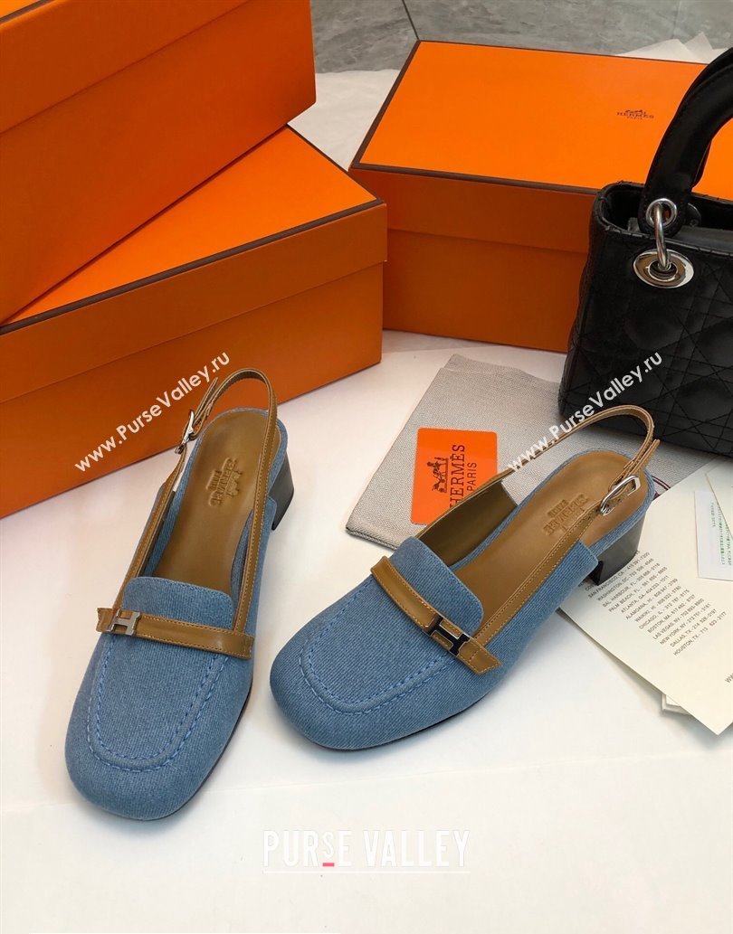 Hermes Infinie 50 pumps in denim Blue and calfskin with strap and miniature palladium-plated Paris buckle (modeng-24011608)