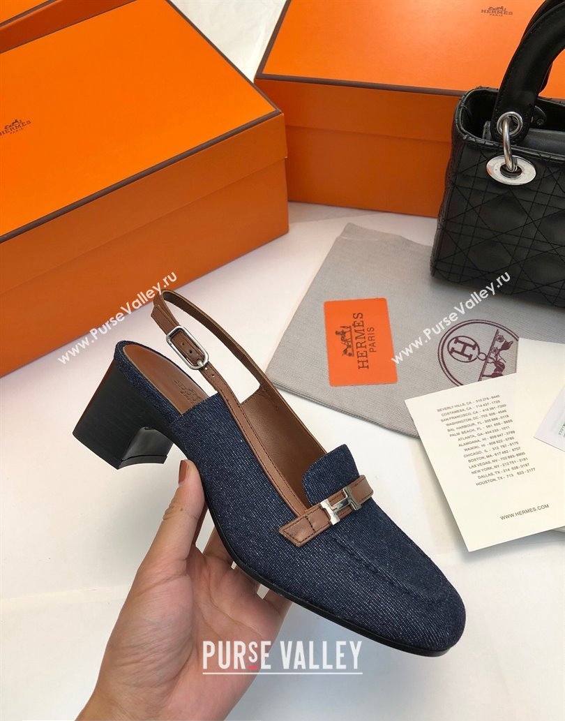 Hermes Infinie 50 pumps in denim Black and calfskin with strap and miniature palladium-plated Paris buckle (modeng-24011607)