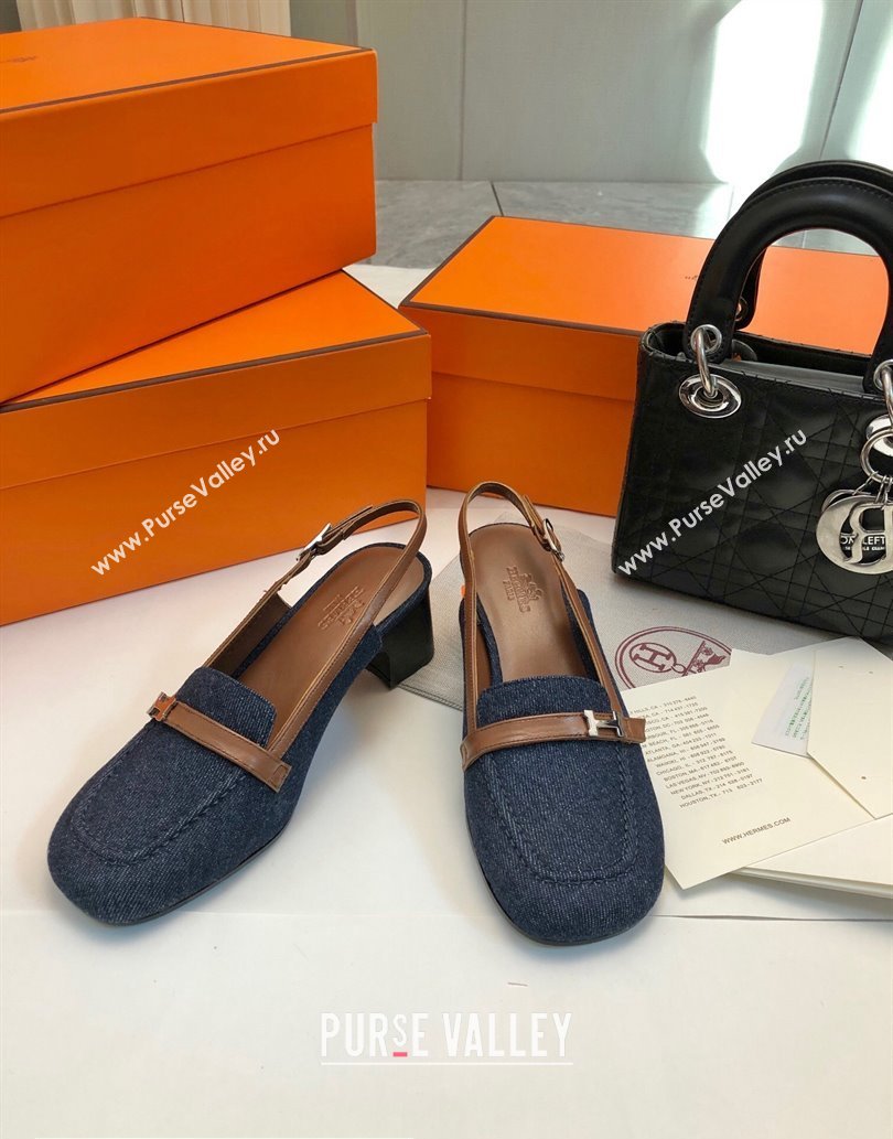 Hermes Infinie 50 pumps in denim Black and calfskin with strap and miniature palladium-plated Paris buckle (modeng-24011607)