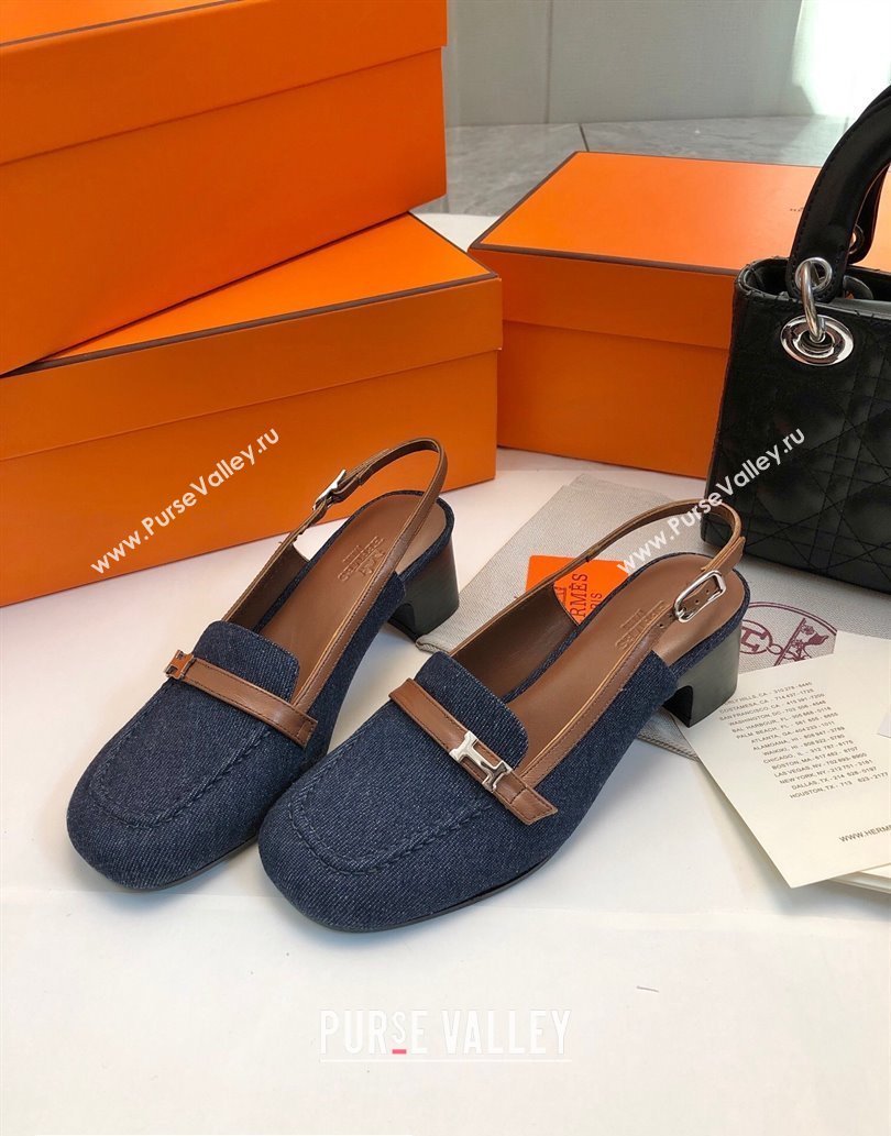 Hermes Infinie 50 pumps in denim Black and calfskin with strap and miniature palladium-plated Paris buckle (modeng-24011607)