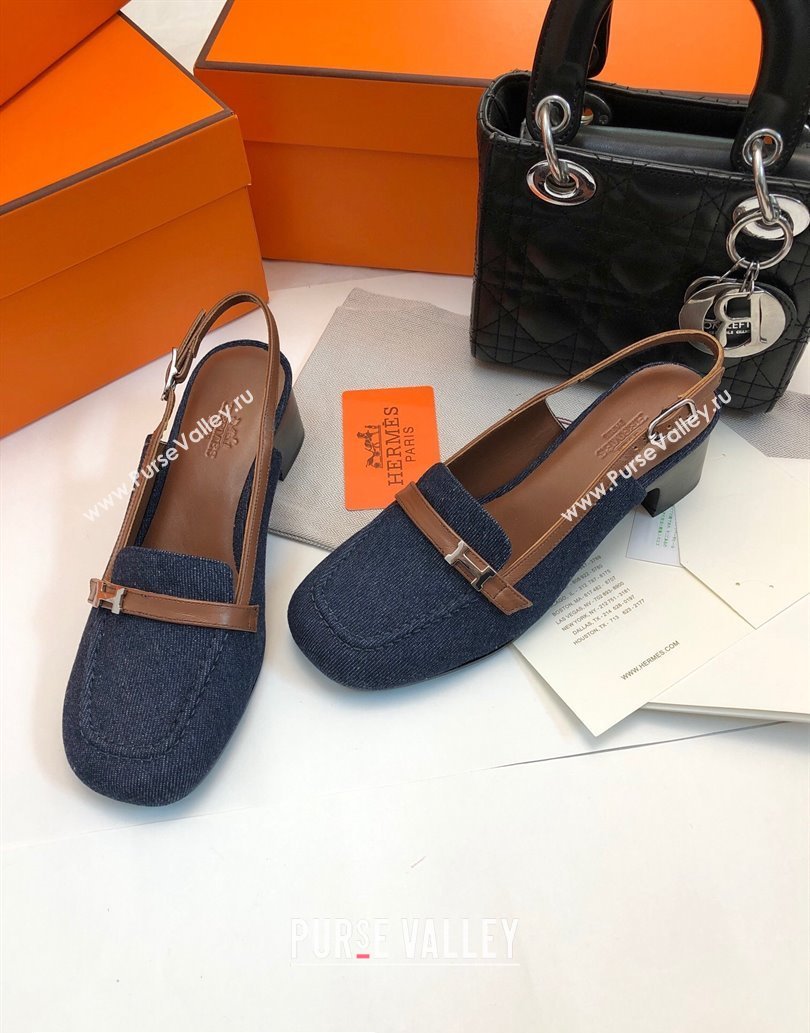 Hermes Infinie 50 pumps in denim Black and calfskin with strap and miniature palladium-plated Paris buckle (modeng-24011607)