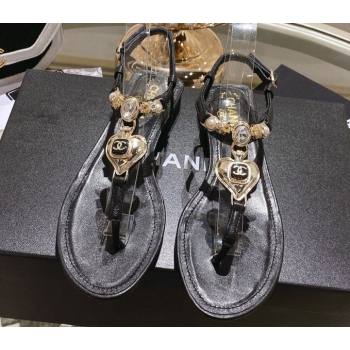 Chanel Heel 3cm Lambskin Crystal and Pearl Thong Sandals Black 2024 (modeng-24011844)