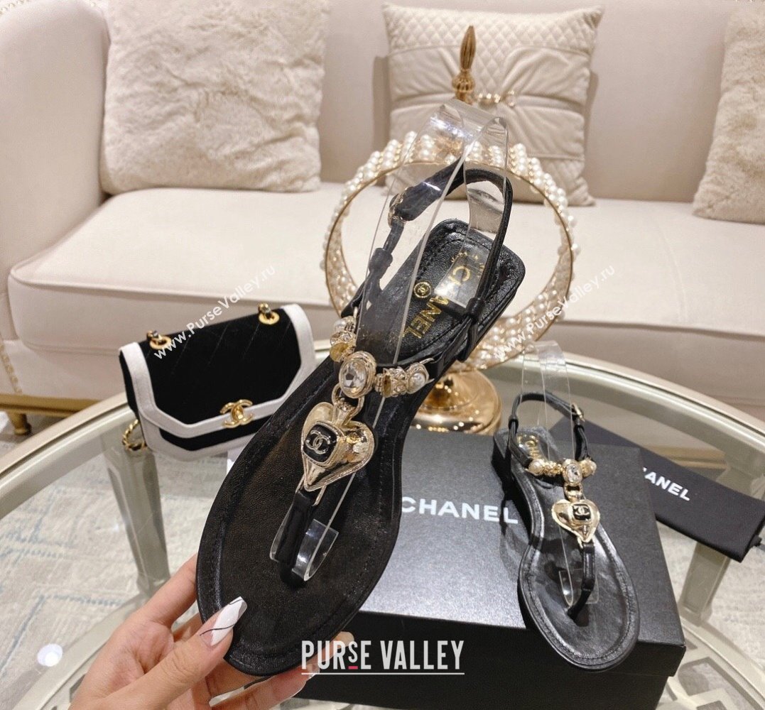 Chanel Heel 3cm Lambskin Crystal and Pearl Thong Sandals Black 2024 (modeng-24011844)