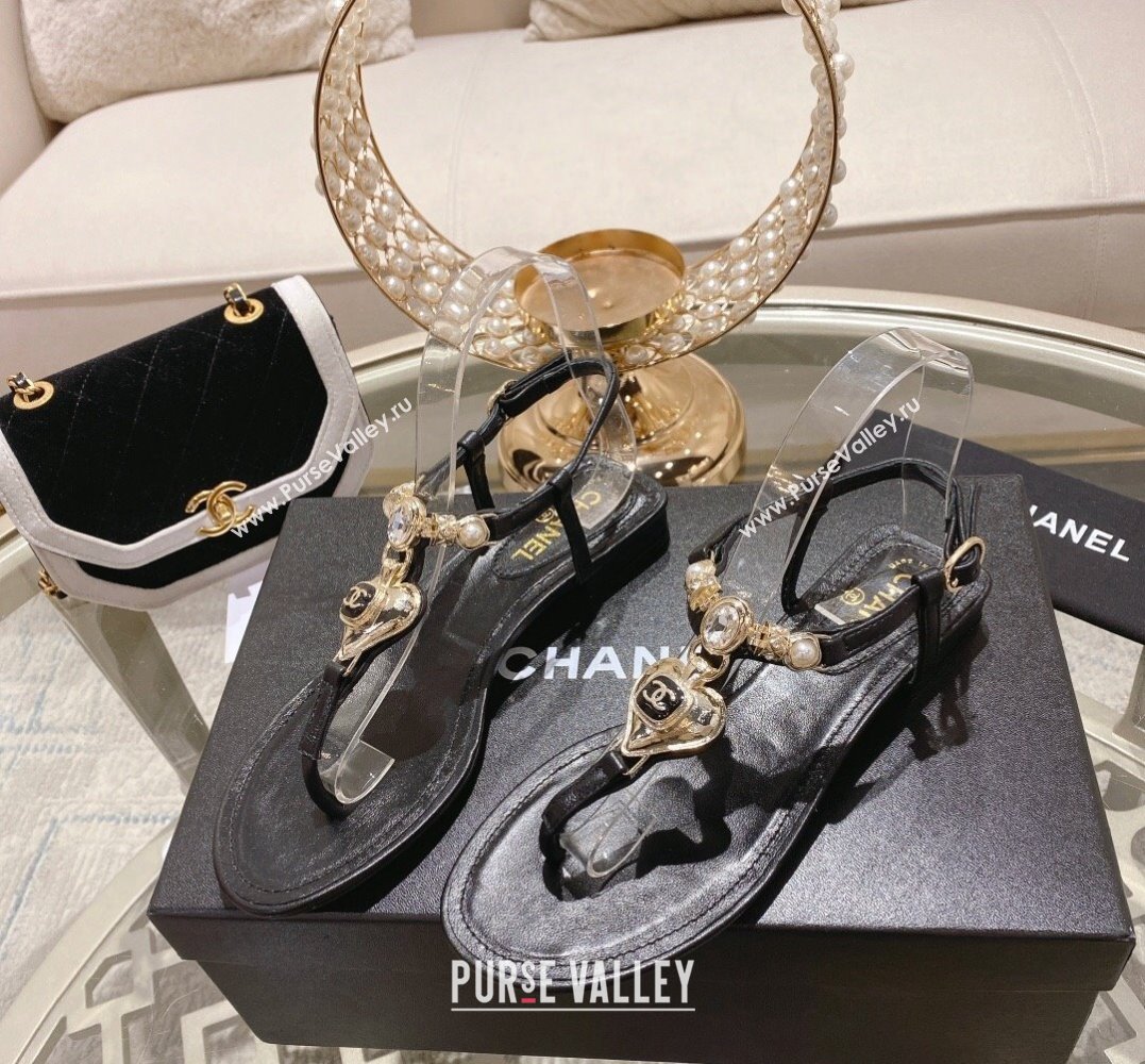 Chanel Heel 3cm Lambskin Crystal and Pearl Thong Sandals Black 2024 (modeng-24011844)