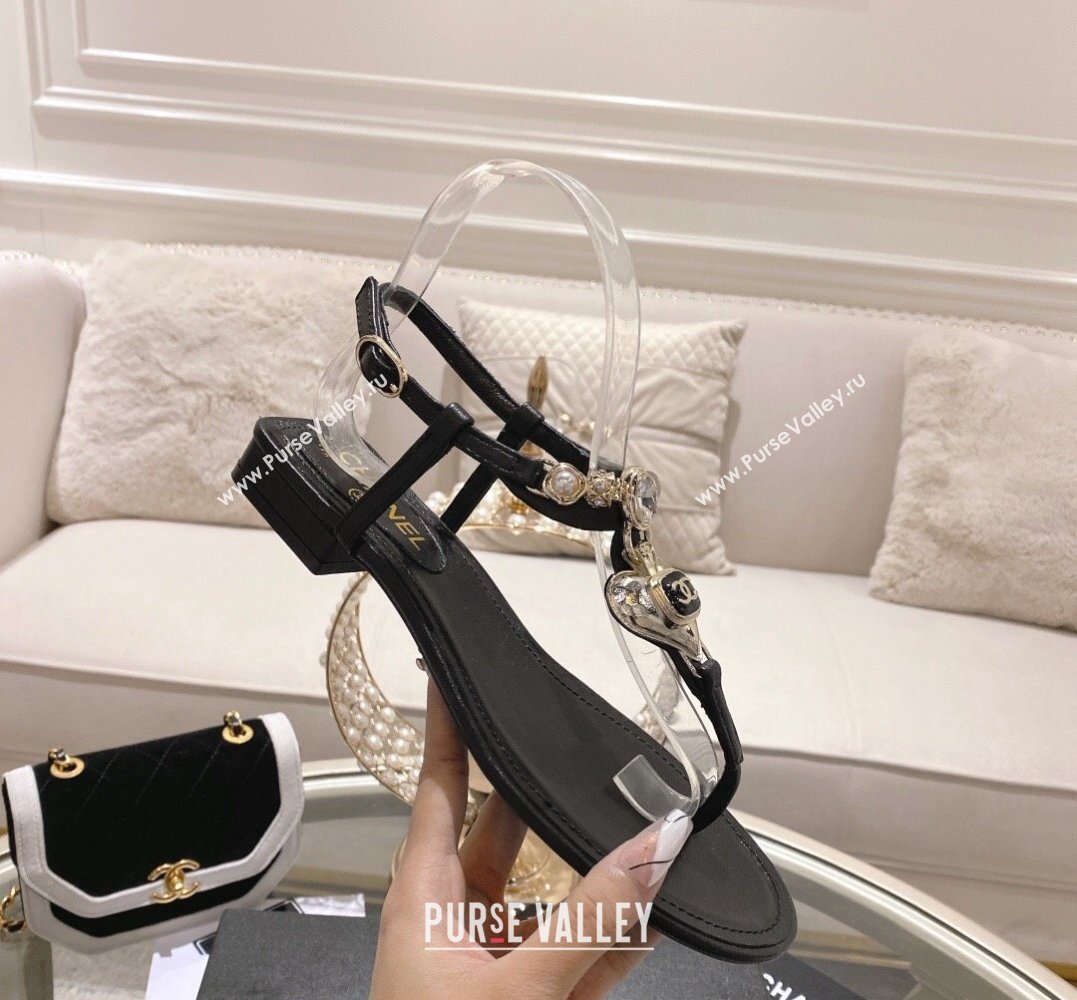 Chanel Heel 3cm Lambskin Crystal and Pearl Thong Sandals Black 2024 (modeng-24011844)