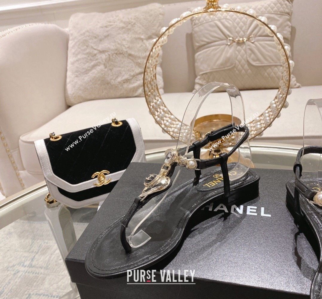 Chanel Heel 3cm Lambskin Crystal and Pearl Thong Sandals Black 2024 (modeng-24011844)