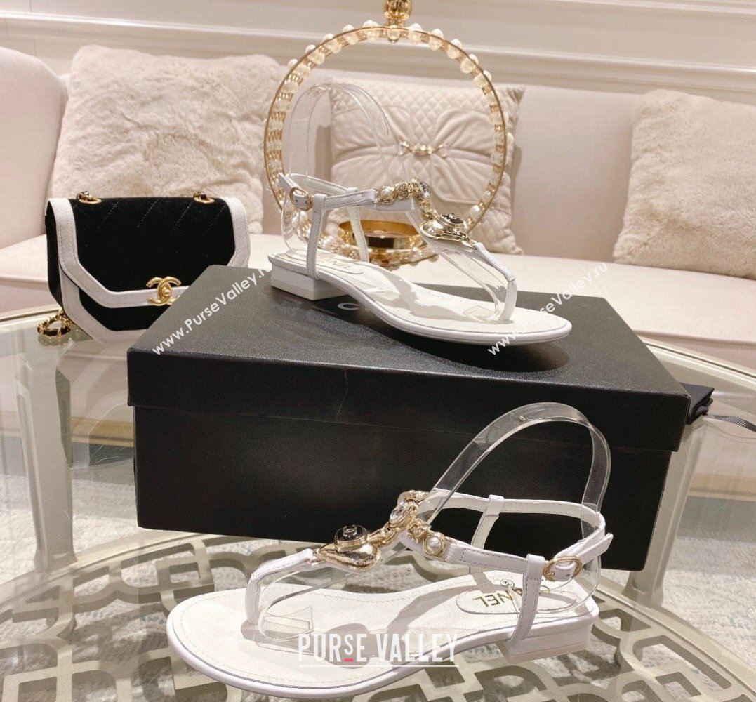 Chanel Heel 3cm Lambskin Crystal and Pearl Thong Sandals White 2024 (modeng-24011846)