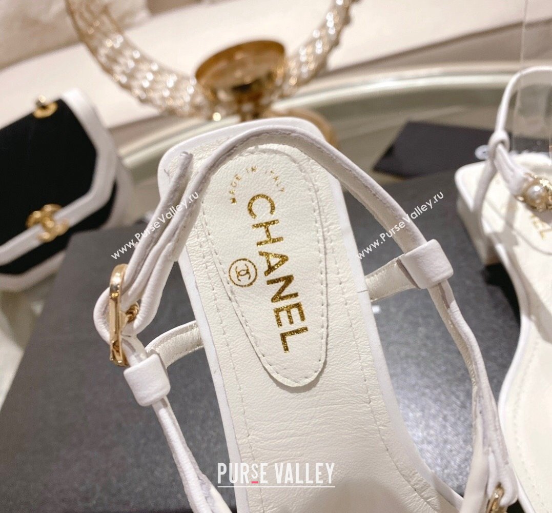 Chanel Heel 3cm Lambskin Crystal and Pearl Thong Sandals White 2024 (modeng-24011846)