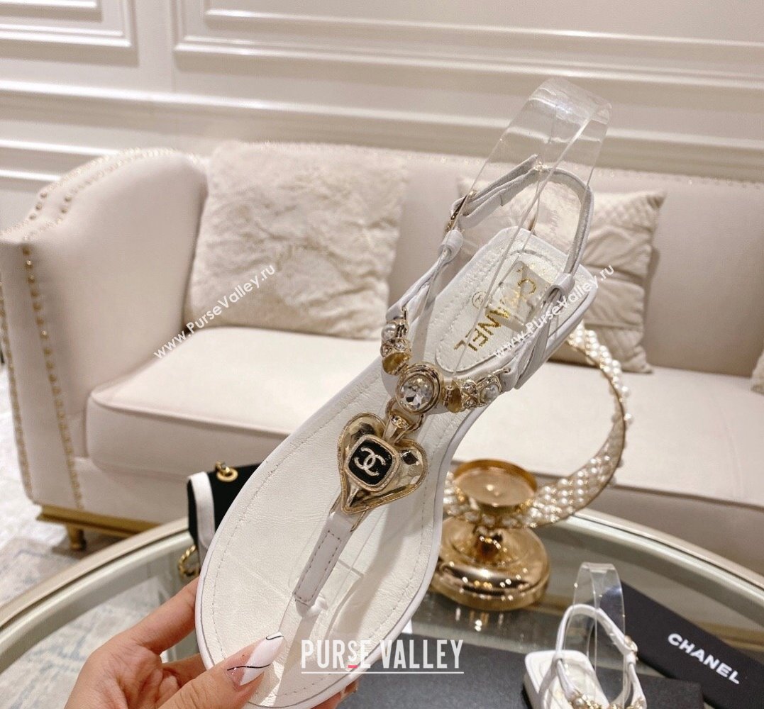 Chanel Heel 3cm Lambskin Crystal and Pearl Thong Sandals White 2024 (modeng-24011846)