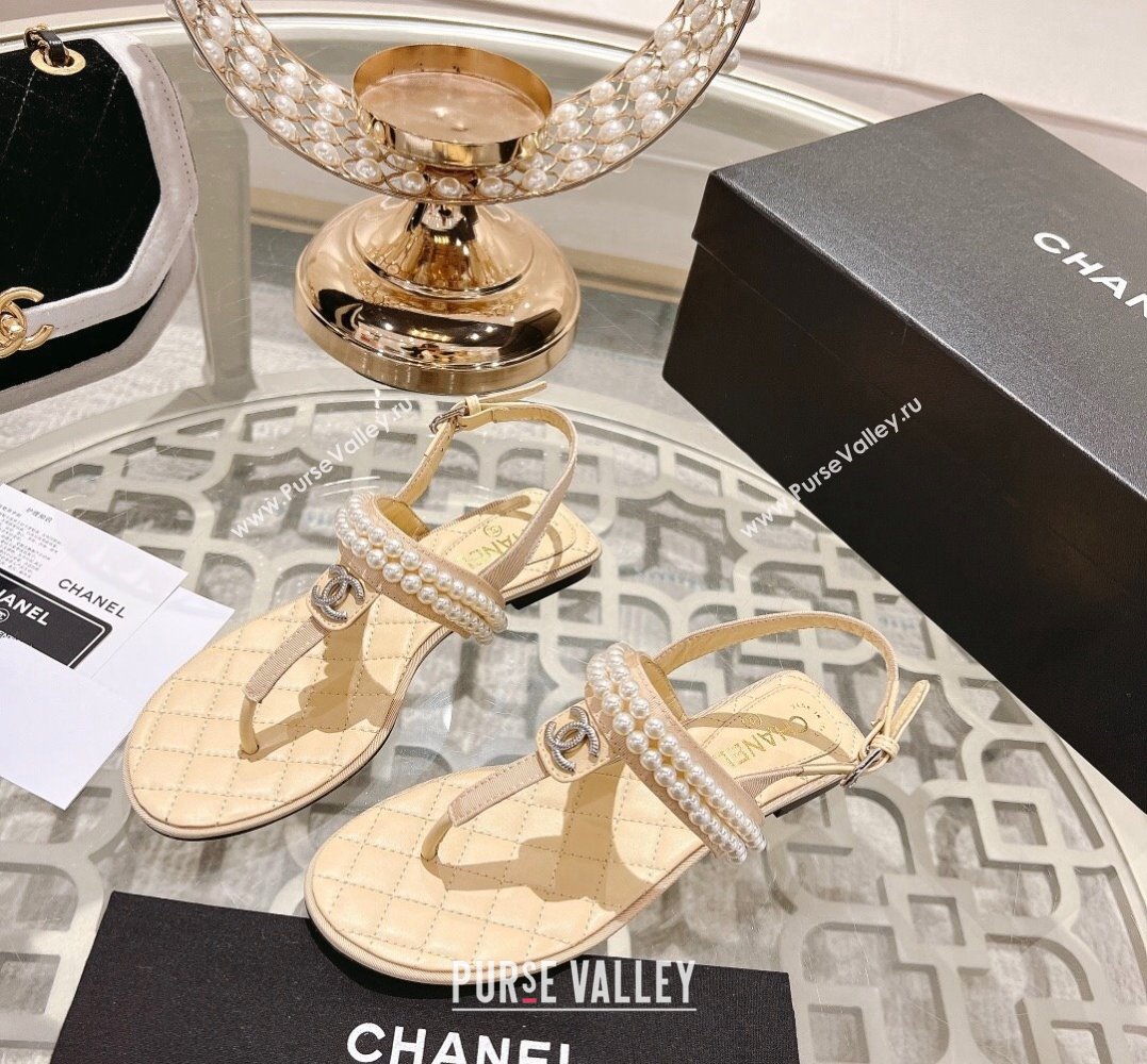 Chanel Heel 3cm Lambskin CC Logo and Pearl Thong Sandals Beige 2024 (modeng-24011843)