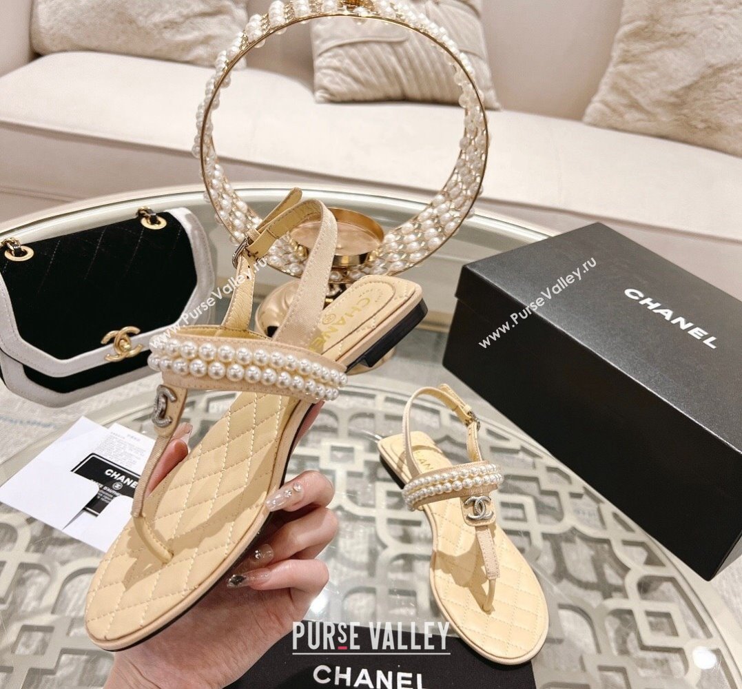 Chanel Heel 3cm Lambskin CC Logo and Pearl Thong Sandals Beige 2024 (modeng-24011843)