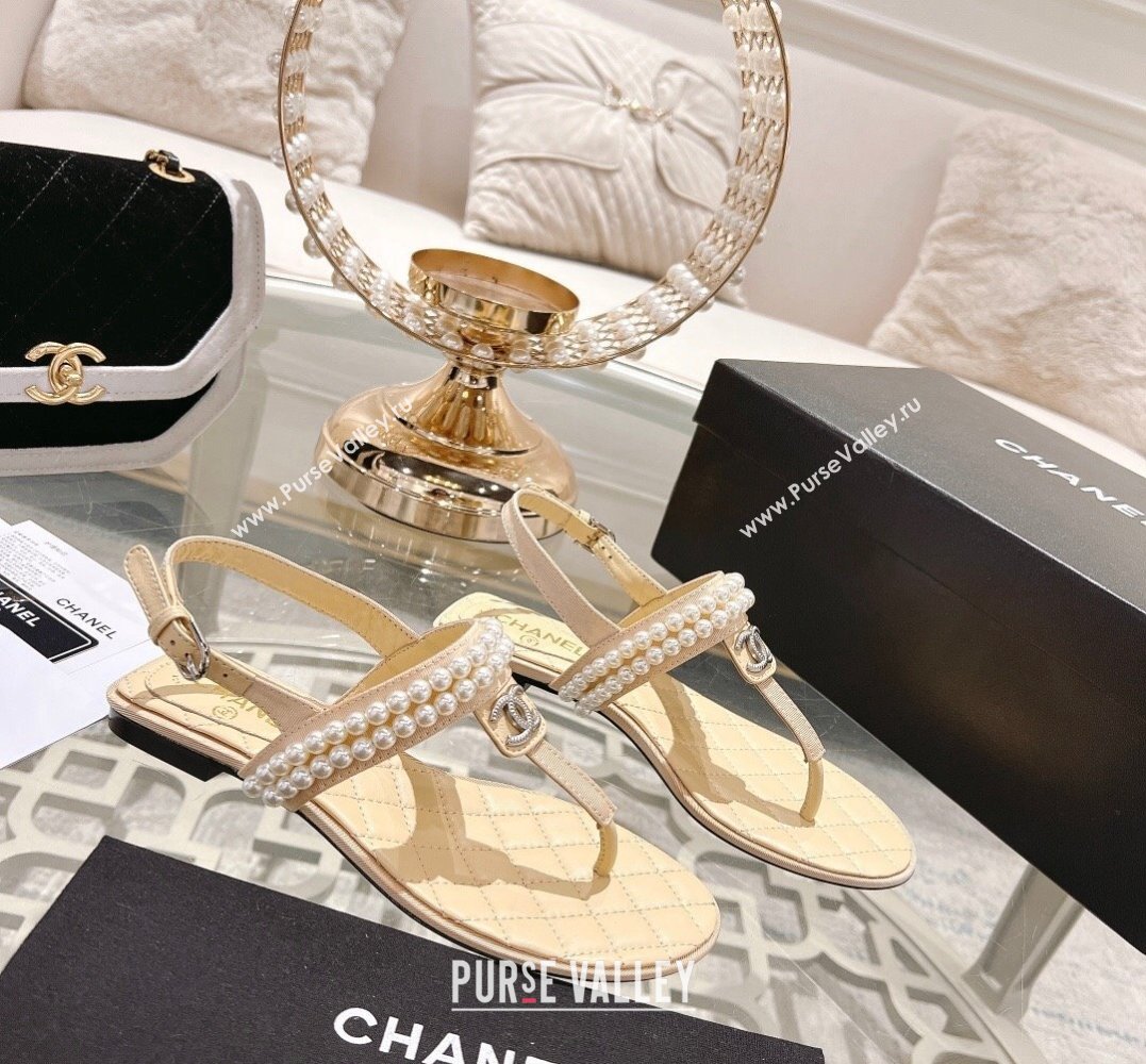 Chanel Heel 3cm Lambskin CC Logo and Pearl Thong Sandals Beige 2024 (modeng-24011843)