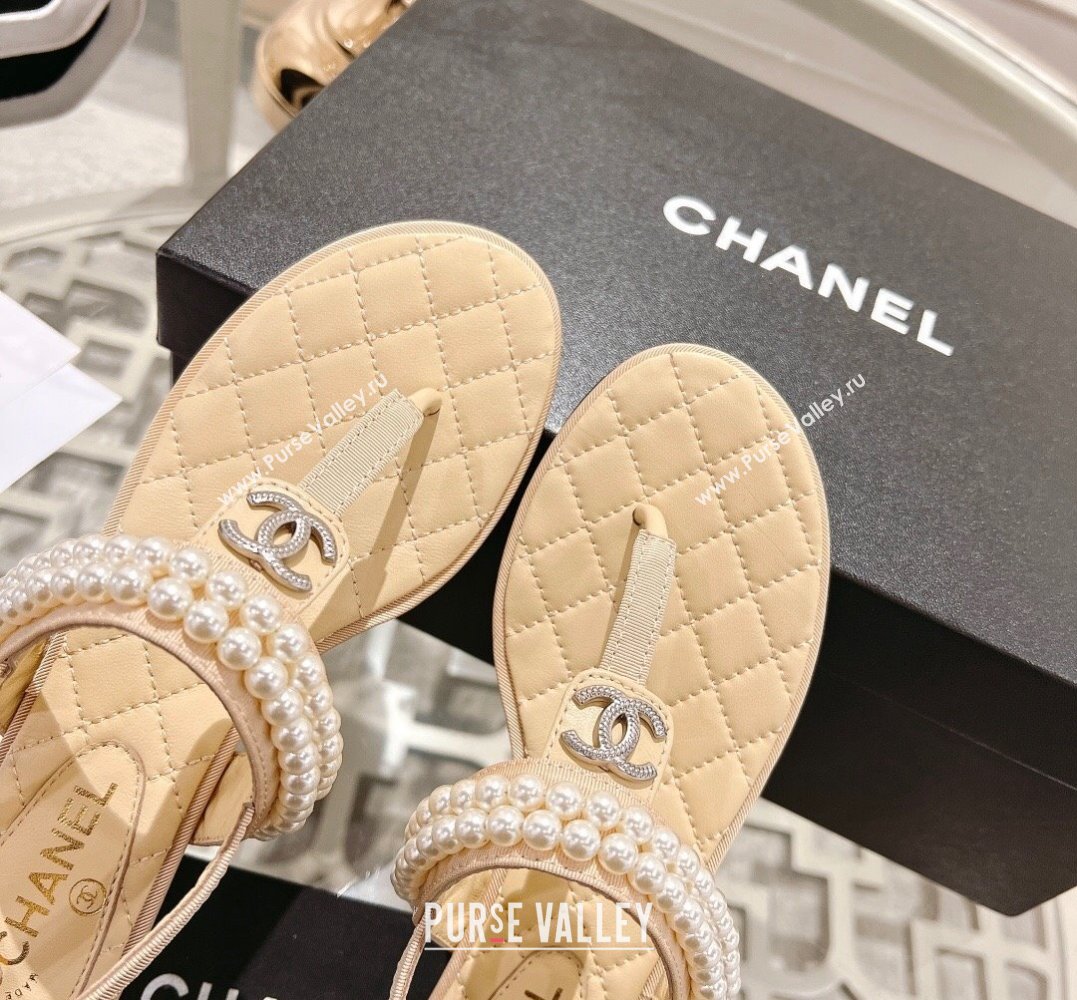 Chanel Heel 3cm Lambskin CC Logo and Pearl Thong Sandals Beige 2024 (modeng-24011843)