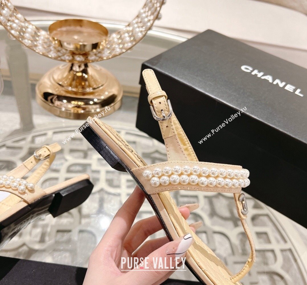 Chanel Heel 3cm Lambskin CC Logo and Pearl Thong Sandals Beige 2024 (modeng-24011843)