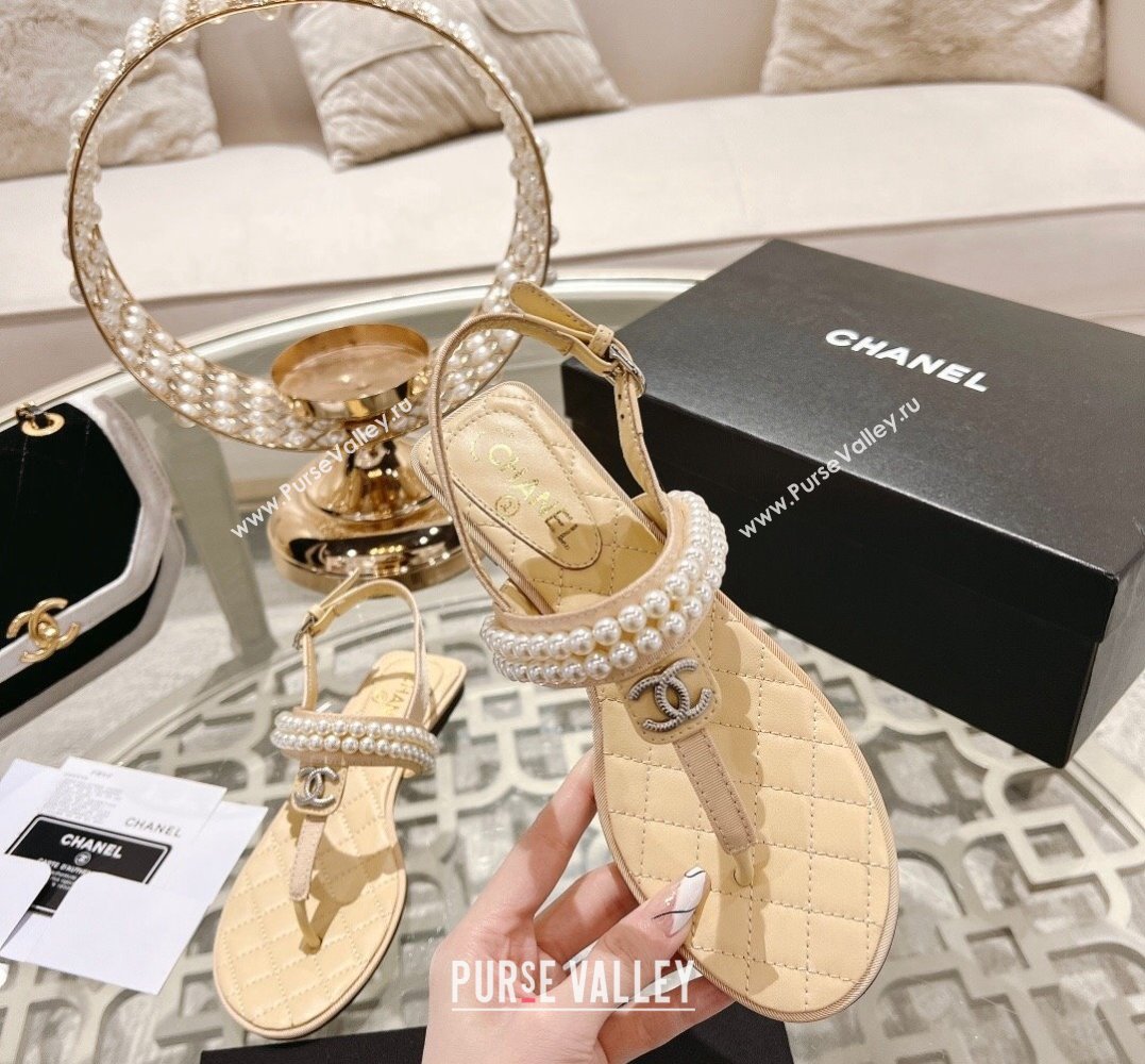 Chanel Heel 3cm Lambskin CC Logo and Pearl Thong Sandals Beige 2024 (modeng-24011843)