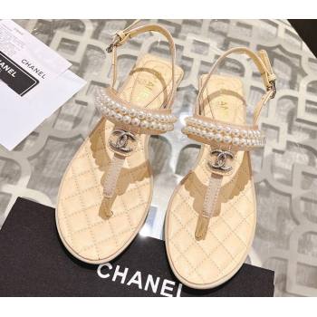 Chanel Heel 3cm Lambskin CC Logo and Pearl Thong Sandals Beige 2024 (modeng-24011843)