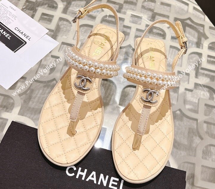 Chanel Heel 3cm Lambskin CC Logo and Pearl Thong Sandals Beige 2024 (modeng-24011843)