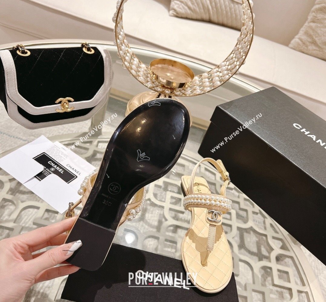 Chanel Heel 3cm Lambskin CC Logo and Pearl Thong Sandals Beige 2024 (modeng-24011843)