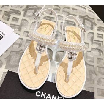 Chanel Heel 3cm Lambskin CC Logo and Pearl Thong Sandals White 2024 (modeng-24011842)