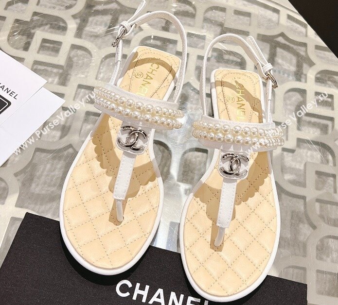 Chanel Heel 3cm Lambskin CC Logo and Pearl Thong Sandals White 2024 (modeng-24011842)