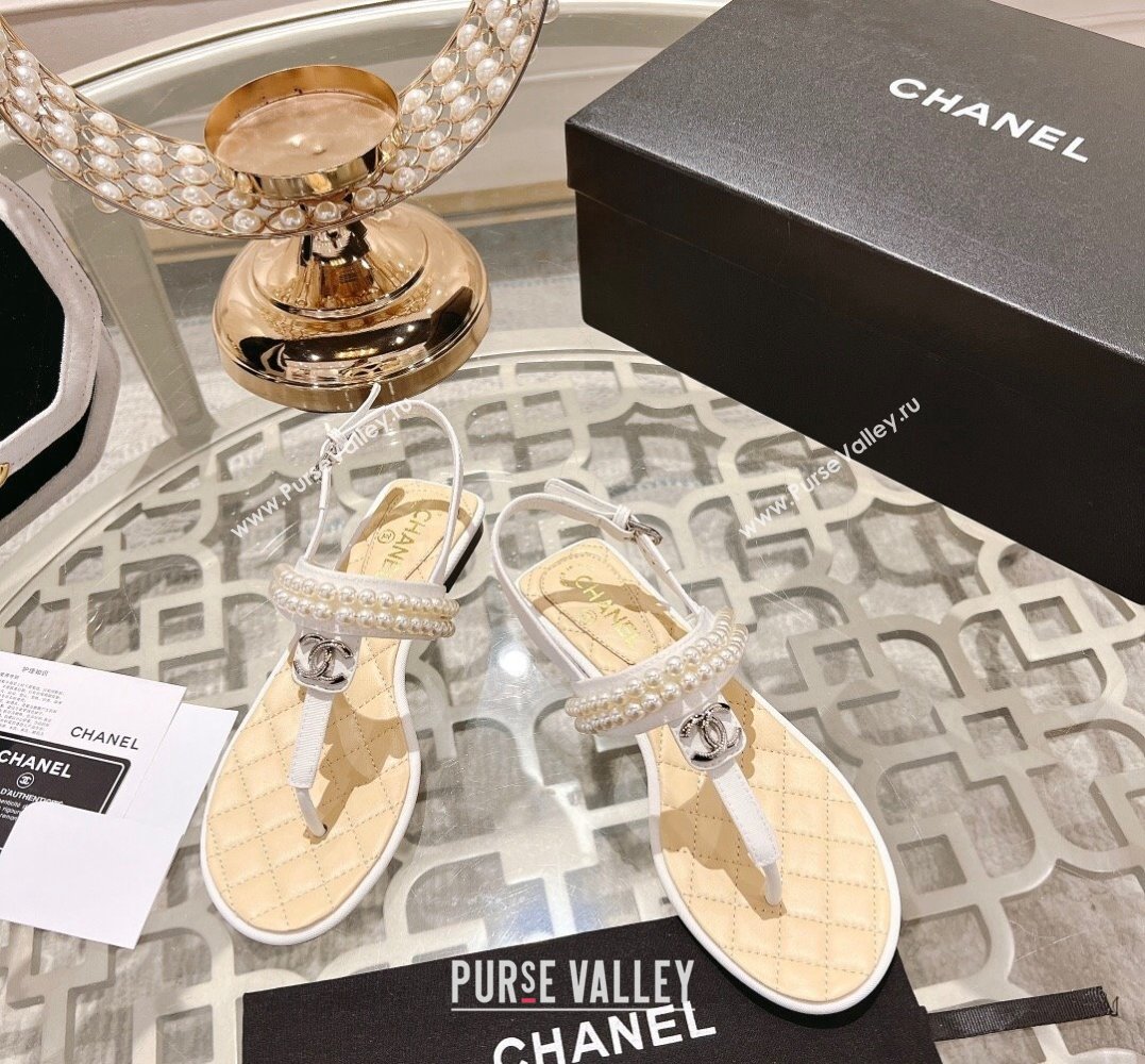 Chanel Heel 3cm Lambskin CC Logo and Pearl Thong Sandals White 2024 (modeng-24011842)