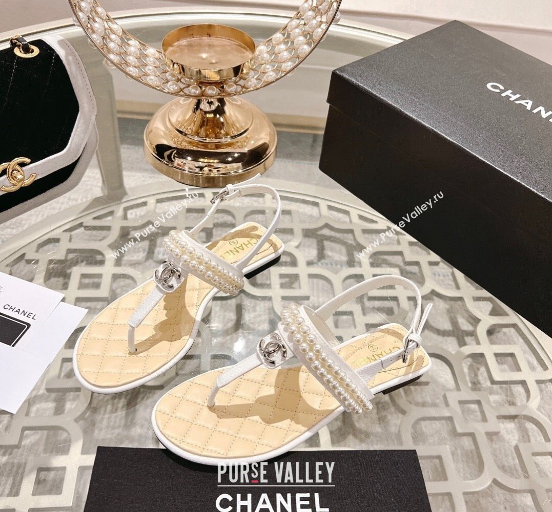 Chanel Heel 3cm Lambskin CC Logo and Pearl Thong Sandals White 2024 (modeng-24011842)