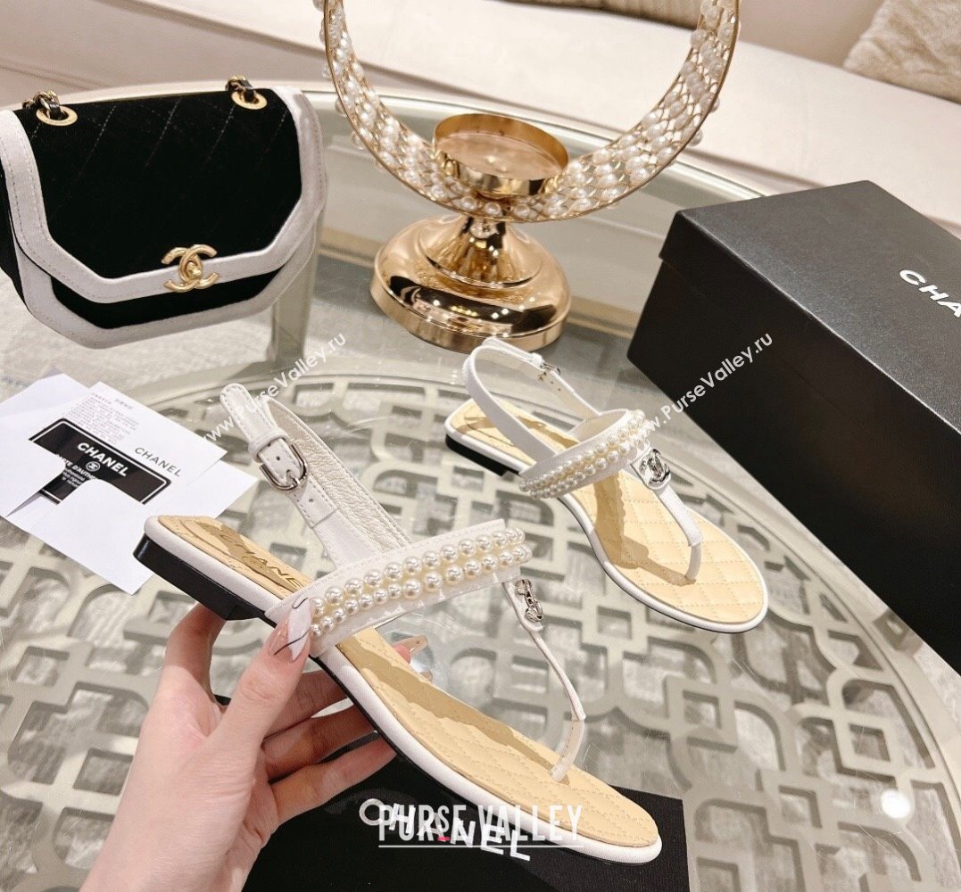 Chanel Heel 3cm Lambskin CC Logo and Pearl Thong Sandals White 2024 (modeng-24011842)